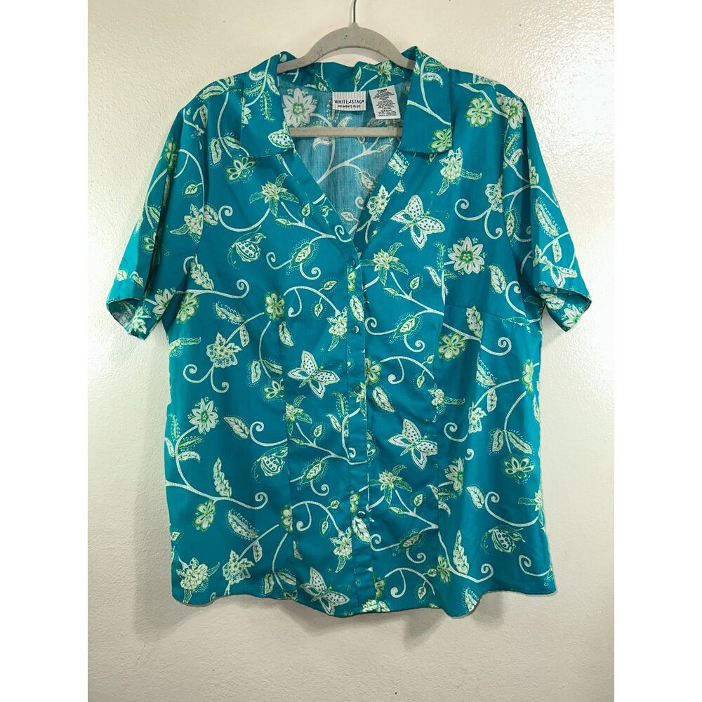 White Stag Women's BOHO Plus Size Floral Button Down Collared Top Size 16W